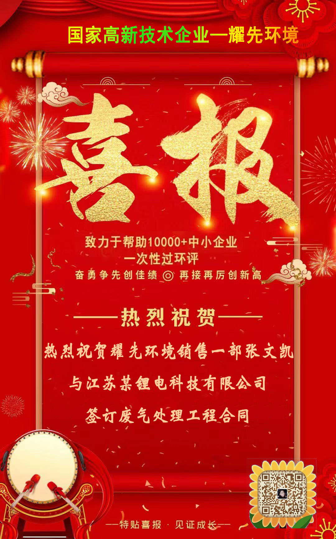 热烈祝贺耀先环境销售一部张文凯与江苏某锂电科技有限公司签订废气处理工程合同！