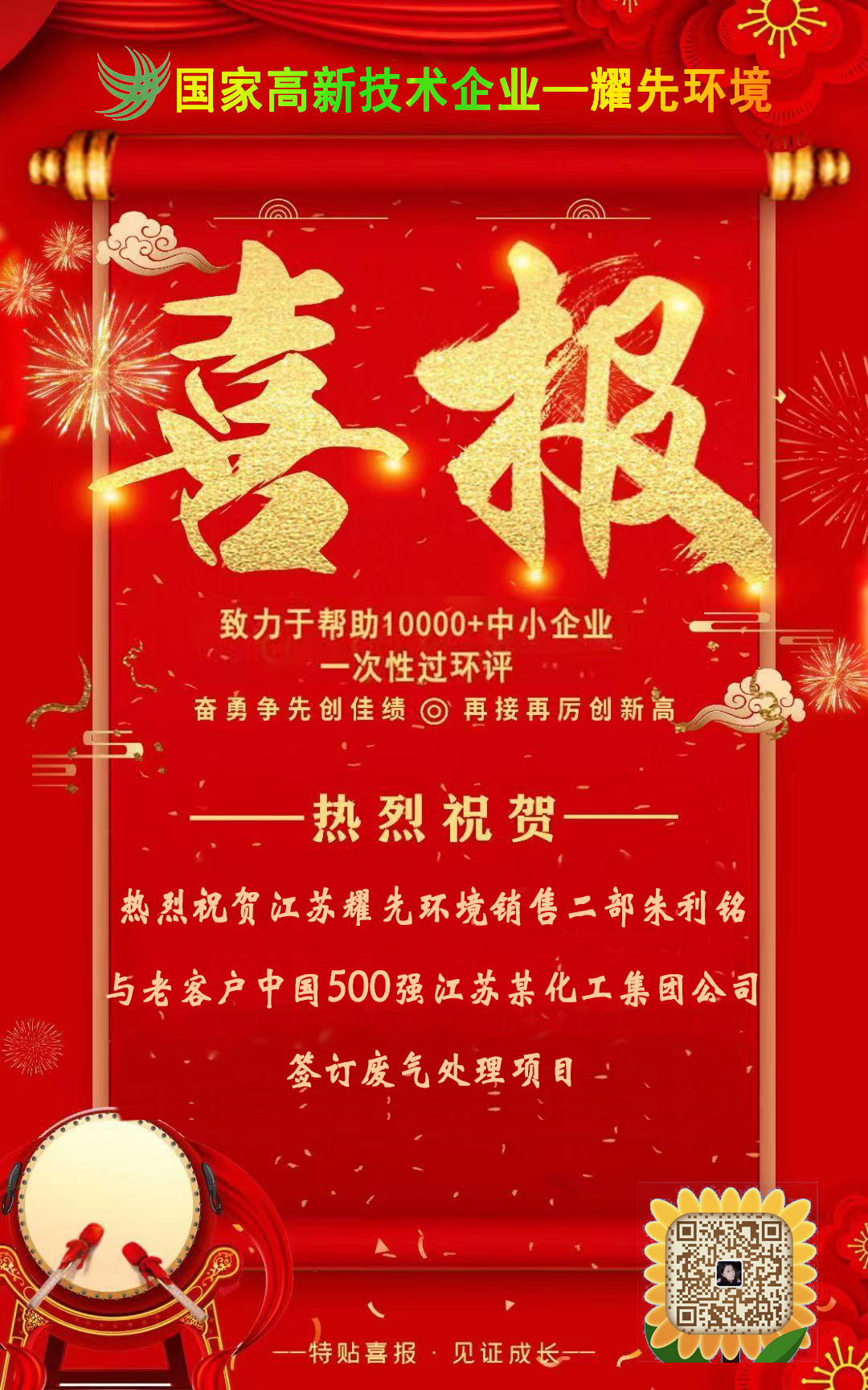 热烈祝贺江苏耀先环境销售二部朱利铭与老客户中国500强江苏某化工集团公司签订废气处理项目